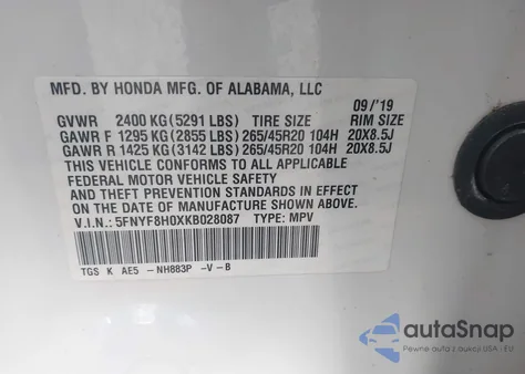 2019 Honda Passport Elite from USA, damaged, VIN 5FNYF8H0XKB028087